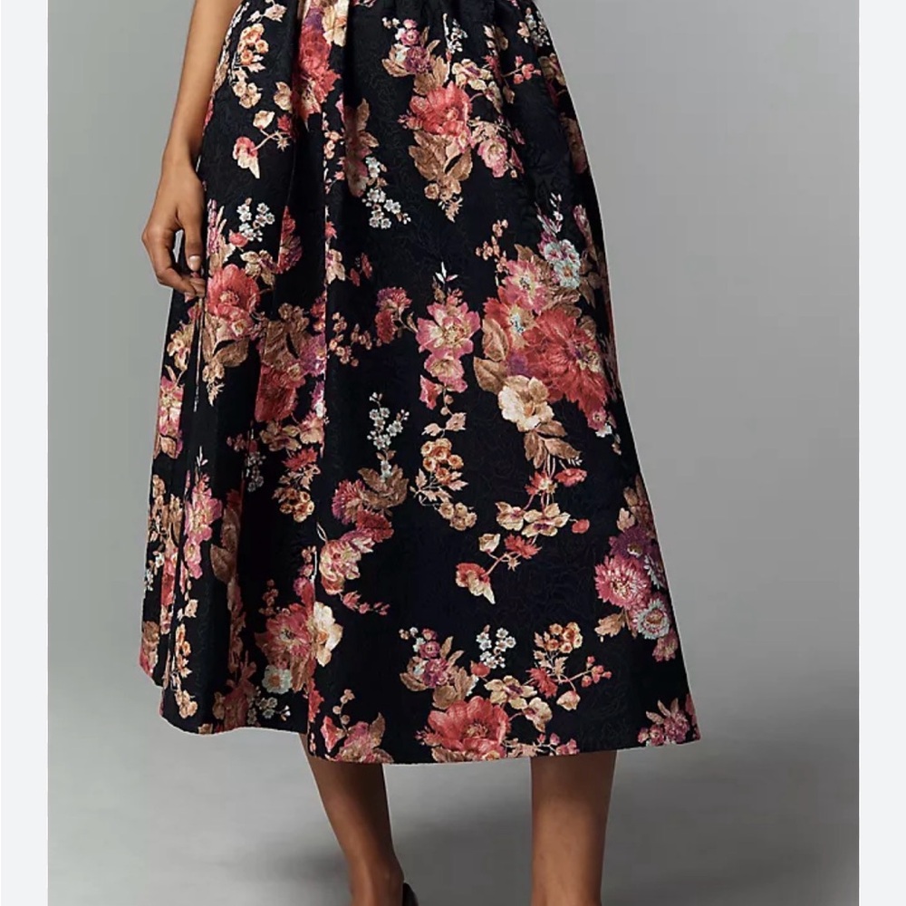 Anthropologie Black Skater Skirt with Pink & Gold Floral Print - Picture 3 of 3